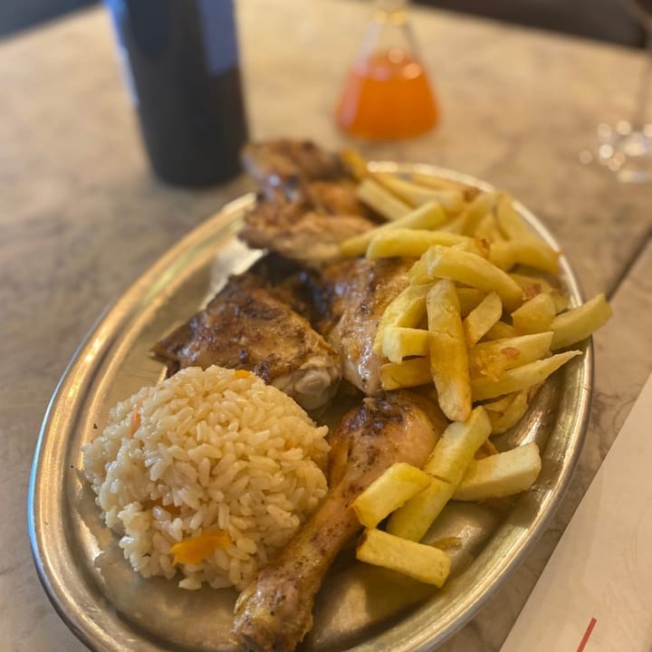 bbq grilled chicken and french fries with white rice