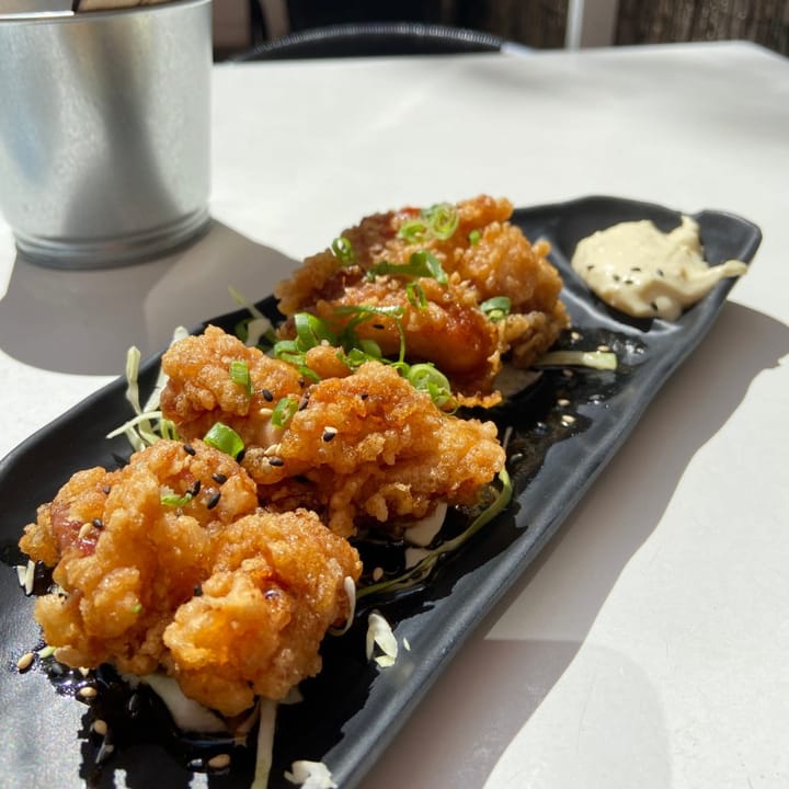 Karaage chicken, chunks of deep fried bird Japanese style, with kewpie mayonnaise