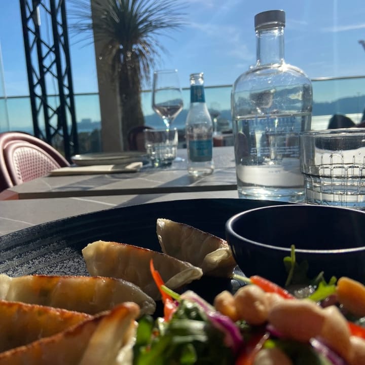 A plate of dumplings with a clear view of the river tagus from the dining room