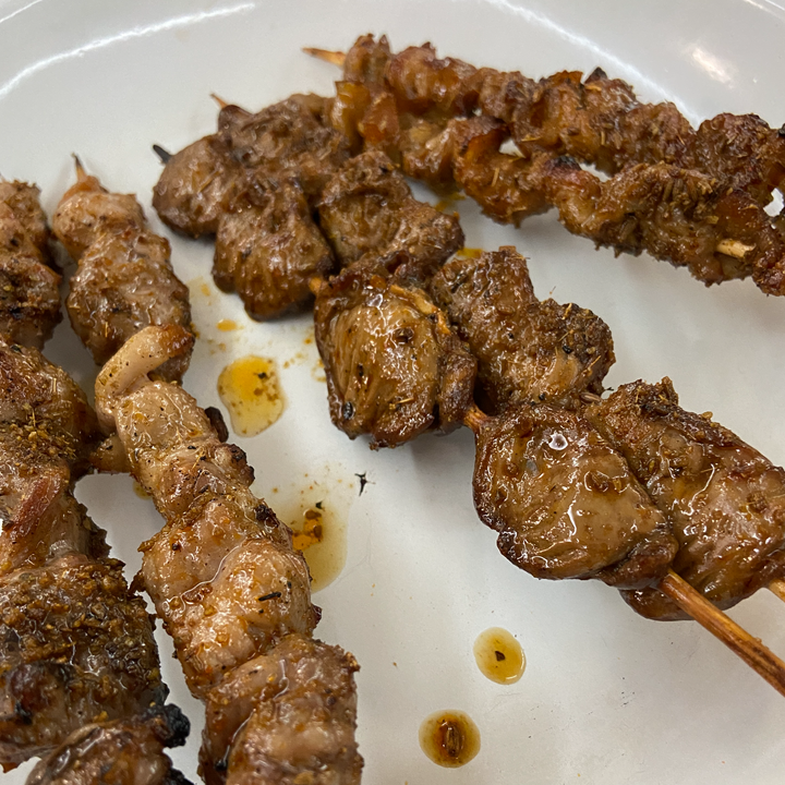 Succulent skewers of lamb, pork and chicken hearts, all spiced with cumin and five spice